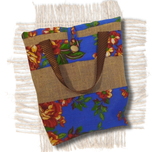 Bolsa Elegante em Juta e Chita com Alças de Cetim