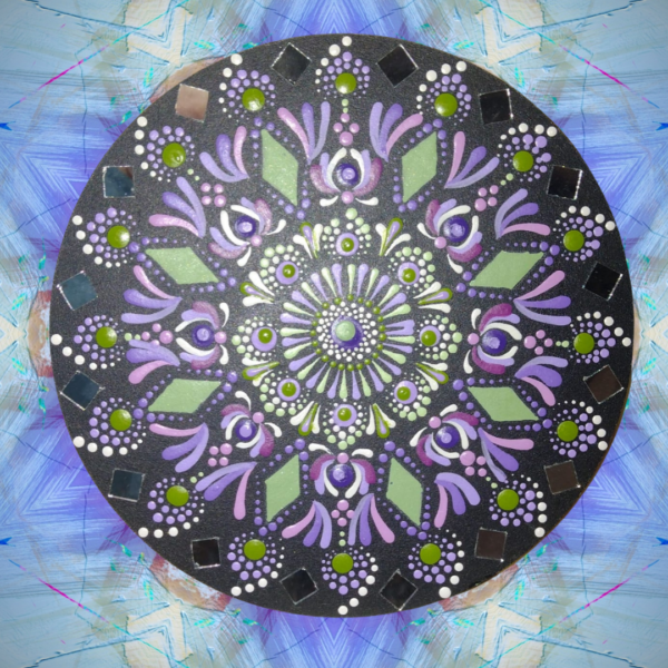 Mandala Decorativa de 20 cm - Roxo e Verde com Espelhos, Peça Única!